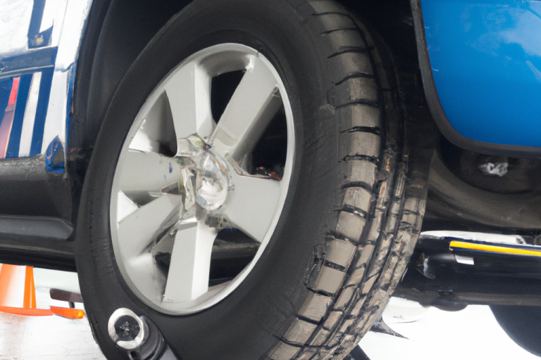 Close-up of a vehicle wheel, showcasing the tyre tread and alloy rim.