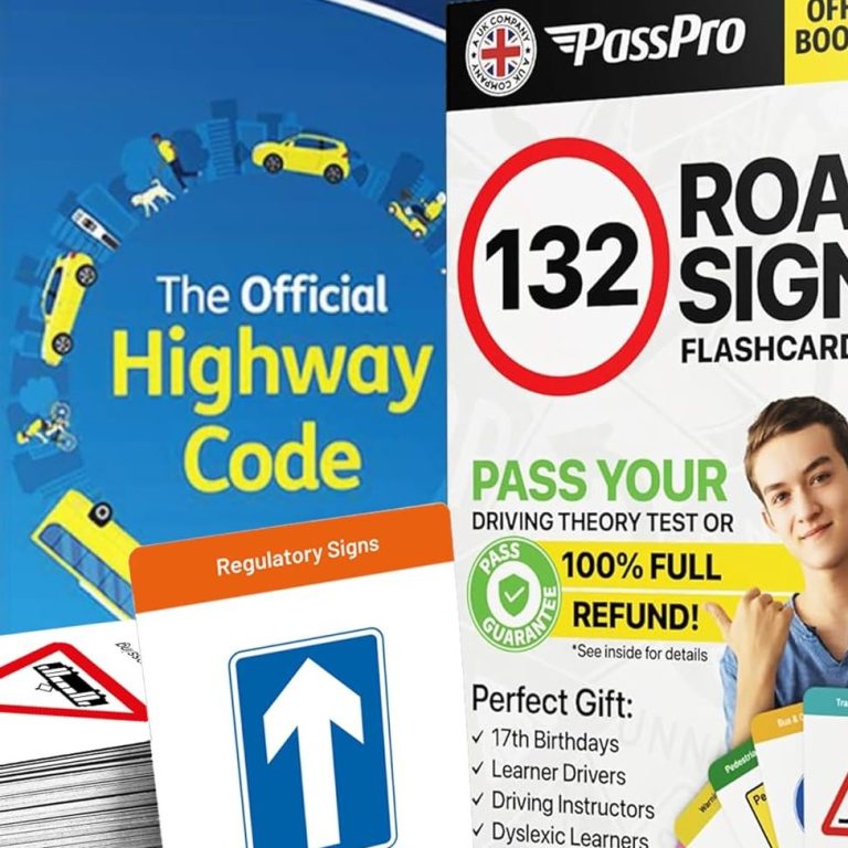 Cover of "The Official Highway Code" alongside "132 Road Signs Flashcards" promotional material.