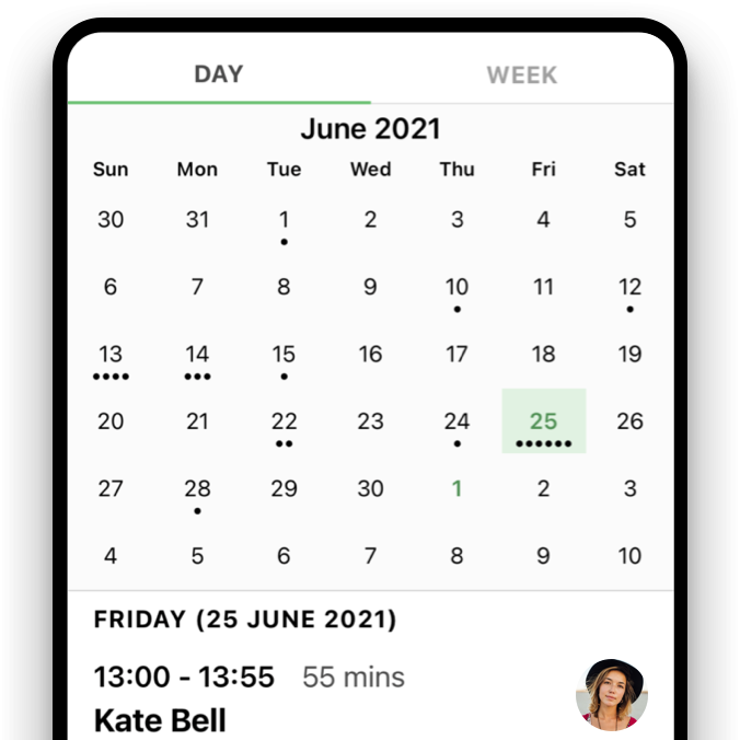 Calendar view showing appointments for 25 June 2021, including names and times.