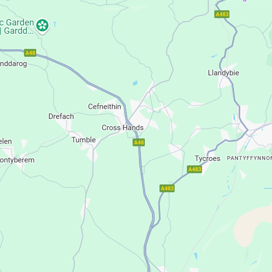 Map showing roads and towns in a rural area of South Wales.