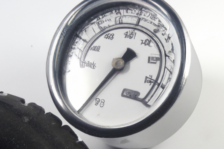 A close-up of a tyre pressure gauge with a black rubber casing.